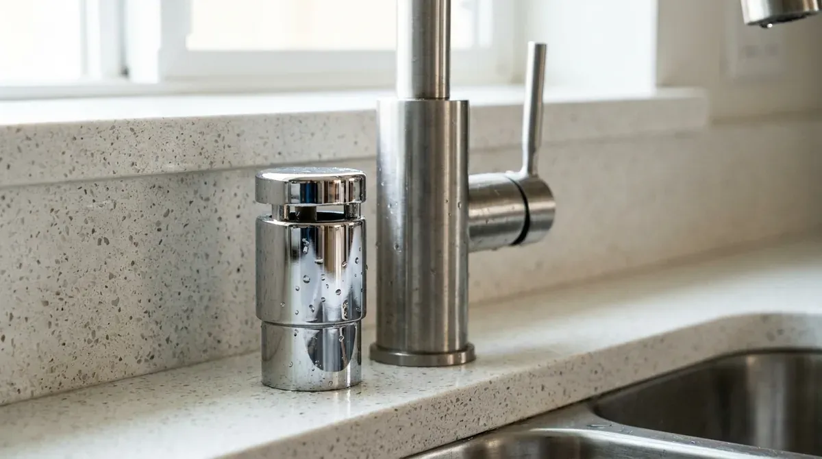 chrome dishwasher air gap installed on kitchen sink countertop