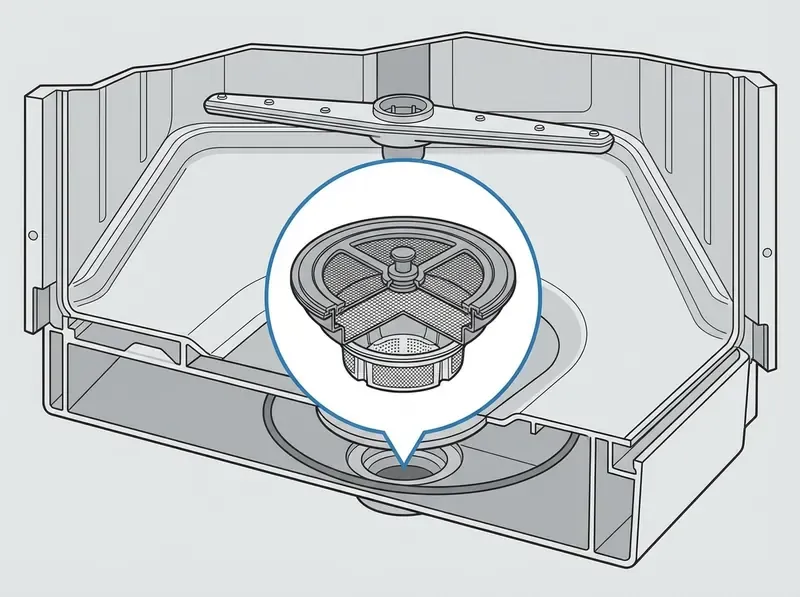 Cutaway diagram showing dishwasher filter assembly location