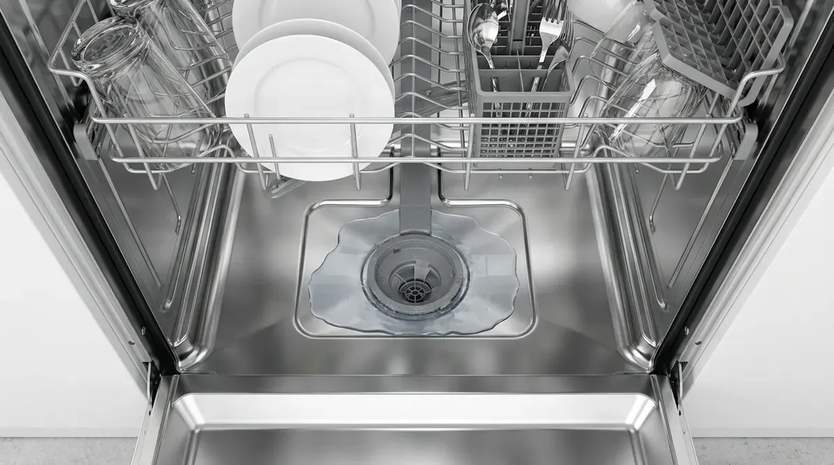 standing water at bottom of dishwasher tub around filter housing